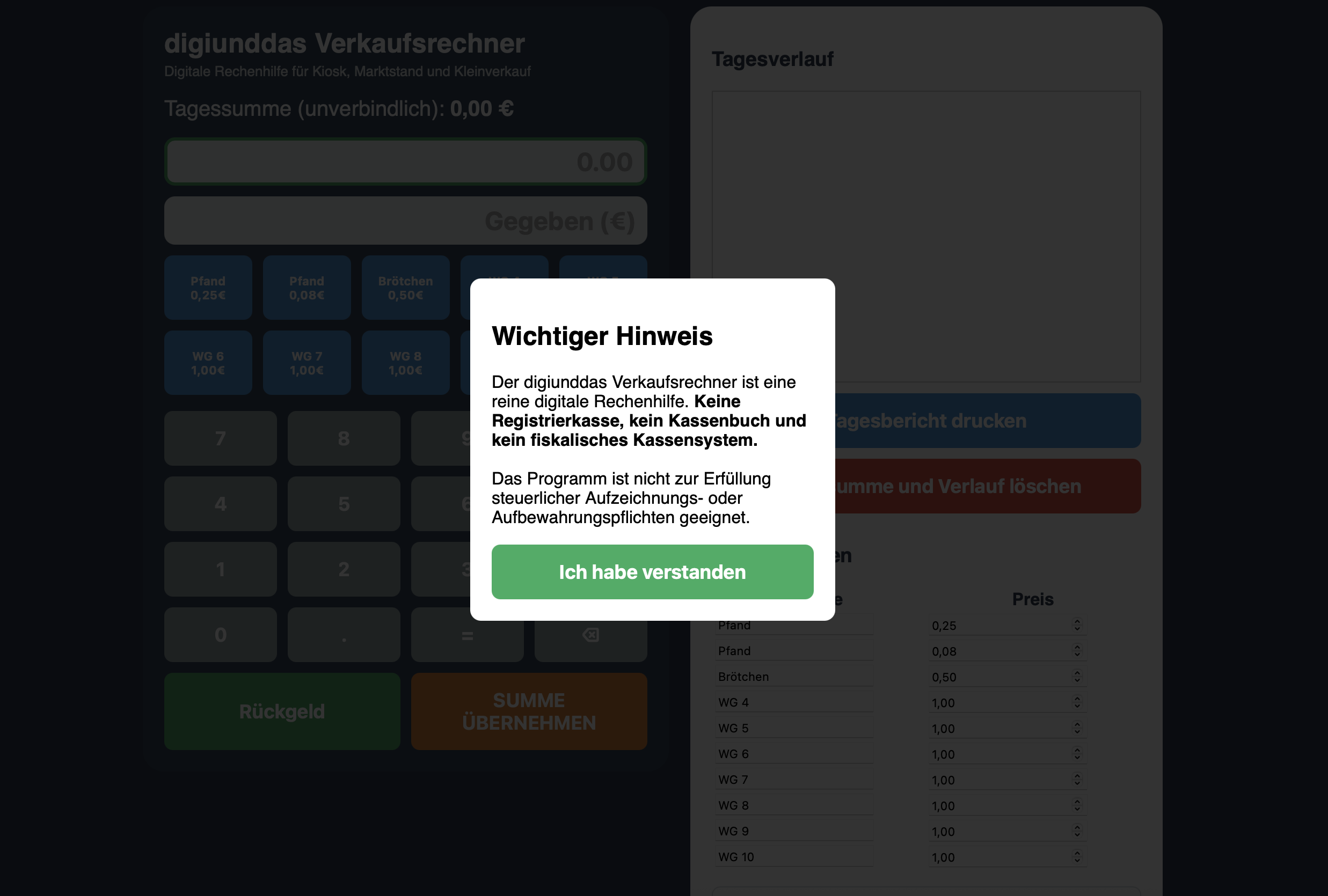 Verkaufs Rechner - für Kiosk, Marktstand, Vereinsfest, Flohmarkt